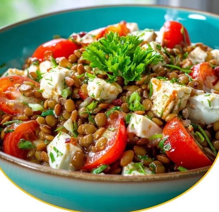 Frischer Linsensalat mit Feta und Gemüse in einer Schüssel