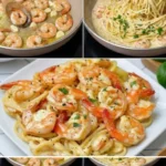 Garnelen-Spaghetti in cremiger Knoblauch-Frischkäsesauce serviert auf einem Teller.