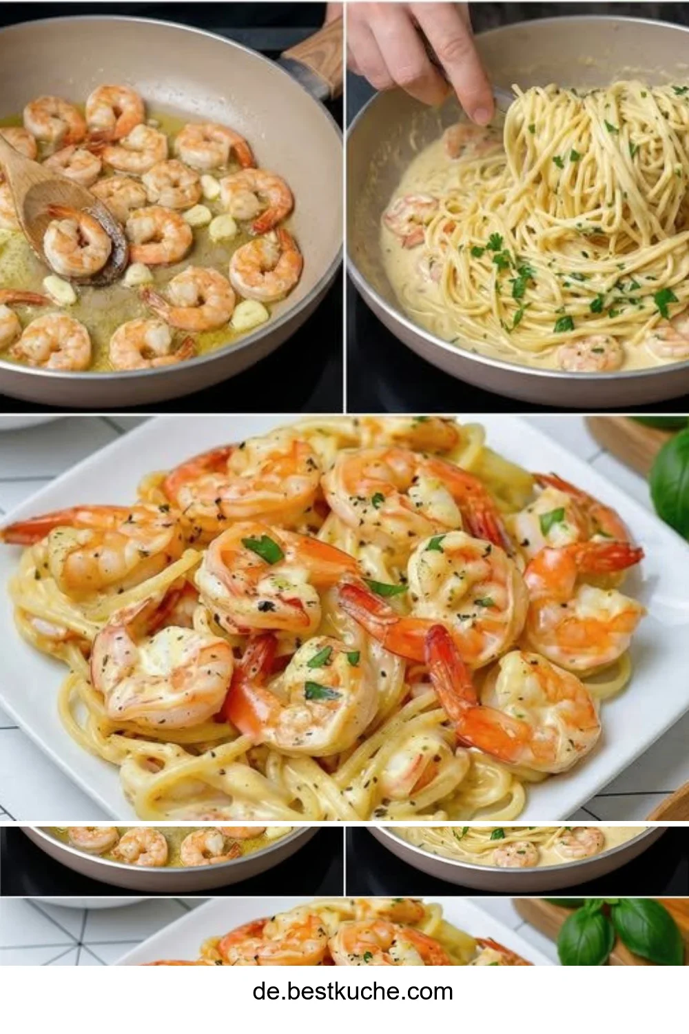 Garnelen-Spaghetti in cremiger Knoblauch-Frischkäsesauce serviert auf einem Teller.