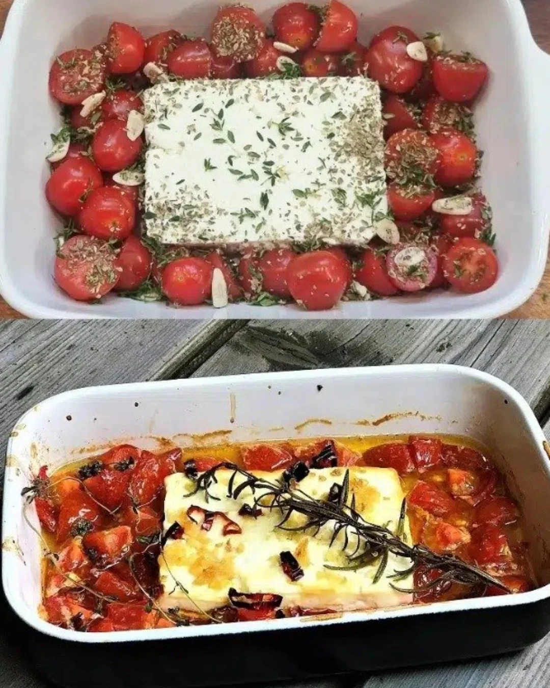 Gebackener Feta mit Tomaten aus dem Ofen auf einem Teller serviert