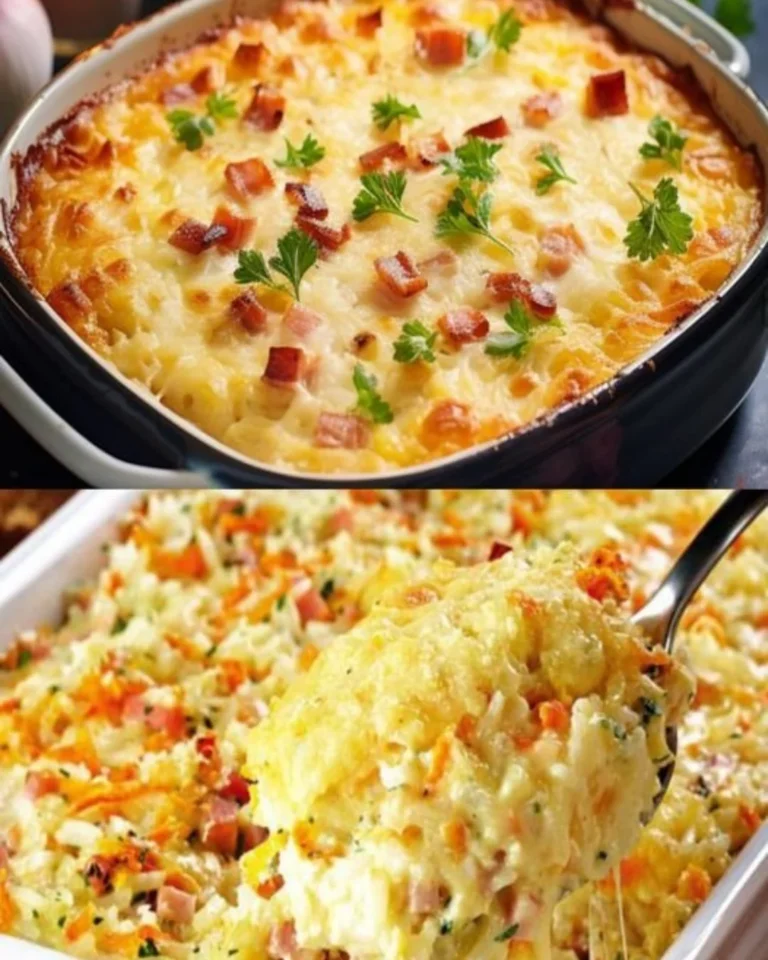 Gebackener Reis mit Schinken und Käse frisch aus dem Ofen