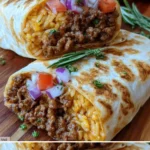 Gegrillte Cheeseburger-Burritos mit Reis und Käse auf einem Teller