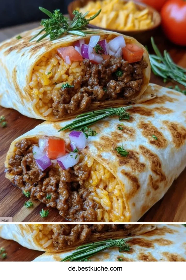 Gegrillte Cheeseburger-Burritos mit Reis und Käse auf einem Teller