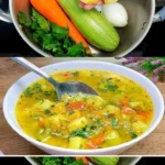 Eine bunte Schüssel Gemüsesuppe voller frischer Zutaten.