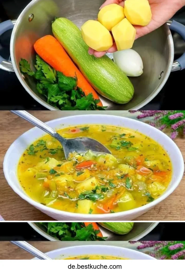 Eine bunte Schüssel Gemüsesuppe voller frischer Zutaten.