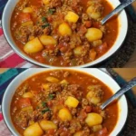 Ein köstlicher Hackfleisch-Kartoffeltopf in einer Schale mit frischen Kräutern garniert.