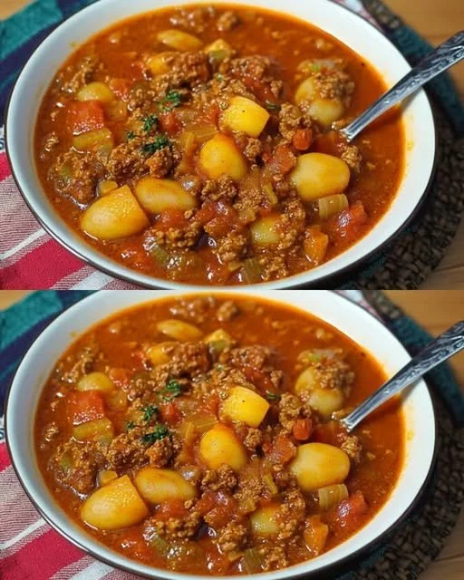 Ein köstlicher Hackfleisch-Kartoffeltopf in einer Schale mit frischen Kräutern garniert.
