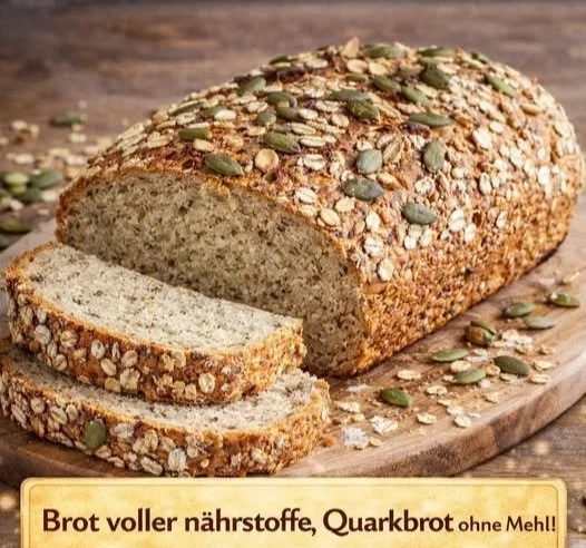 Hafer Quarkbrot ohne Hefe auf einem Holzbrett mit frischen Kräutern.