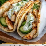 Hähnchen-Gyros mit Feta-Tzatziki-Sauce auf einem Teller serviert
