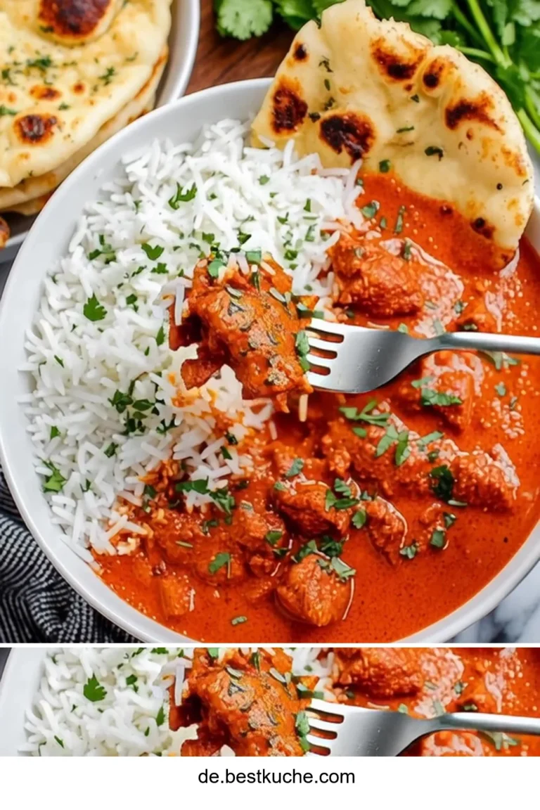 Hähnchen Tikka Masala mit Reis und frischen Kräutern serviert