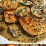 Hähnchenbrust in Champignonsauce serviert auf einem weißen Teller