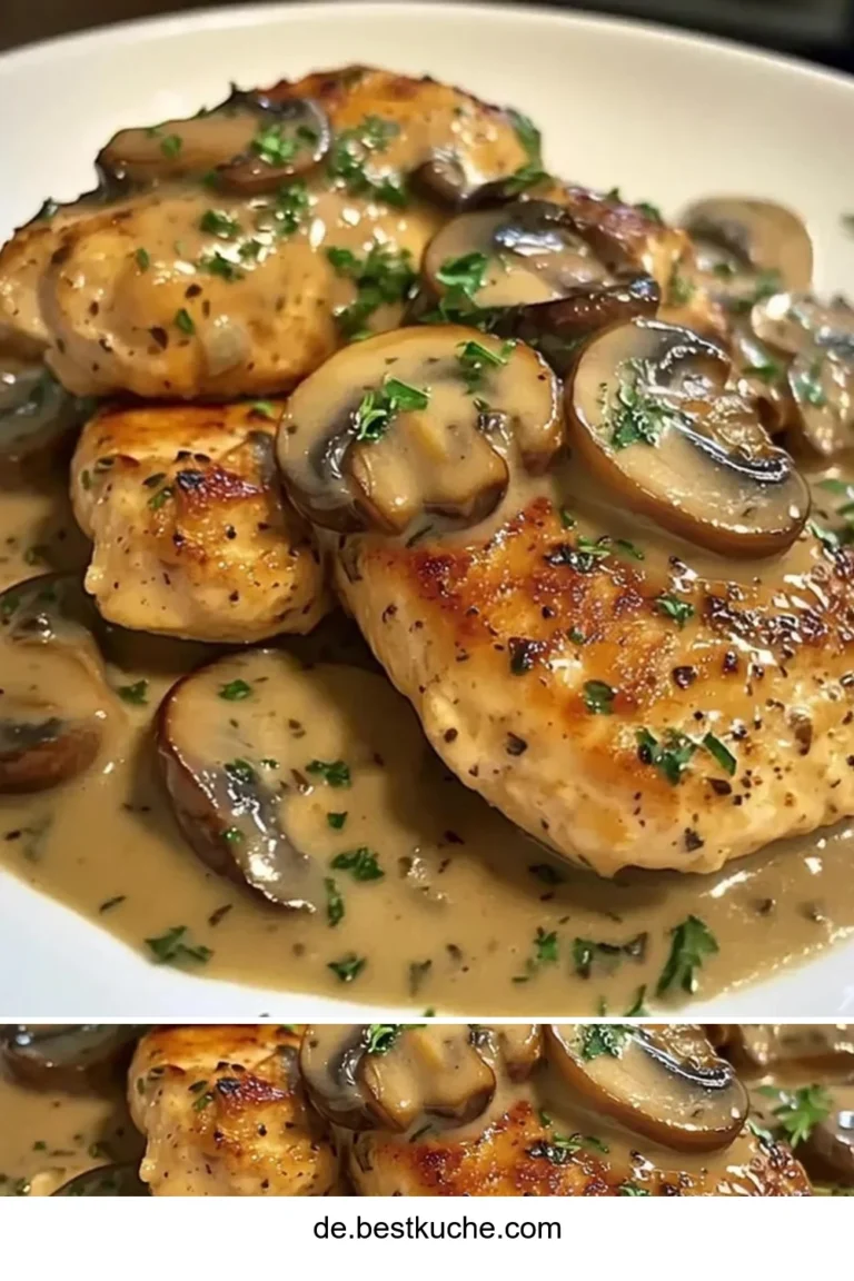 Hähnchenbrust in Champignonsauce serviert auf einem weißen Teller