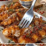 Hähnchenstreifen mit braunem Zucker und Rinderbacon auf einem Teller angerichtet