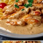 Hähnchenstreifen mit Nudeln in Sahnesauce auf einem Teller serviert