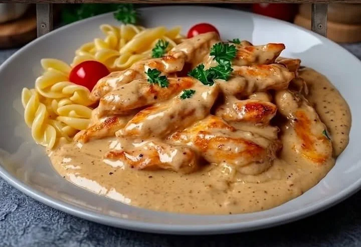 Hähnchenstreifen mit Nudeln in Sahnesauce