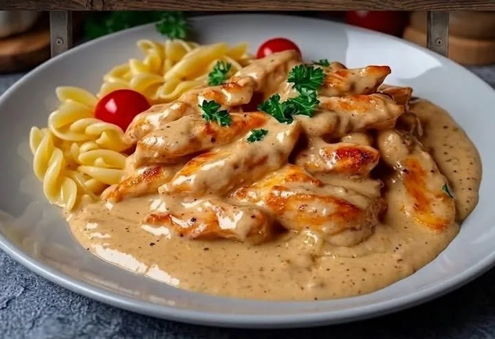 Hähnchenstreifen mit Nudeln in Sahnesauce