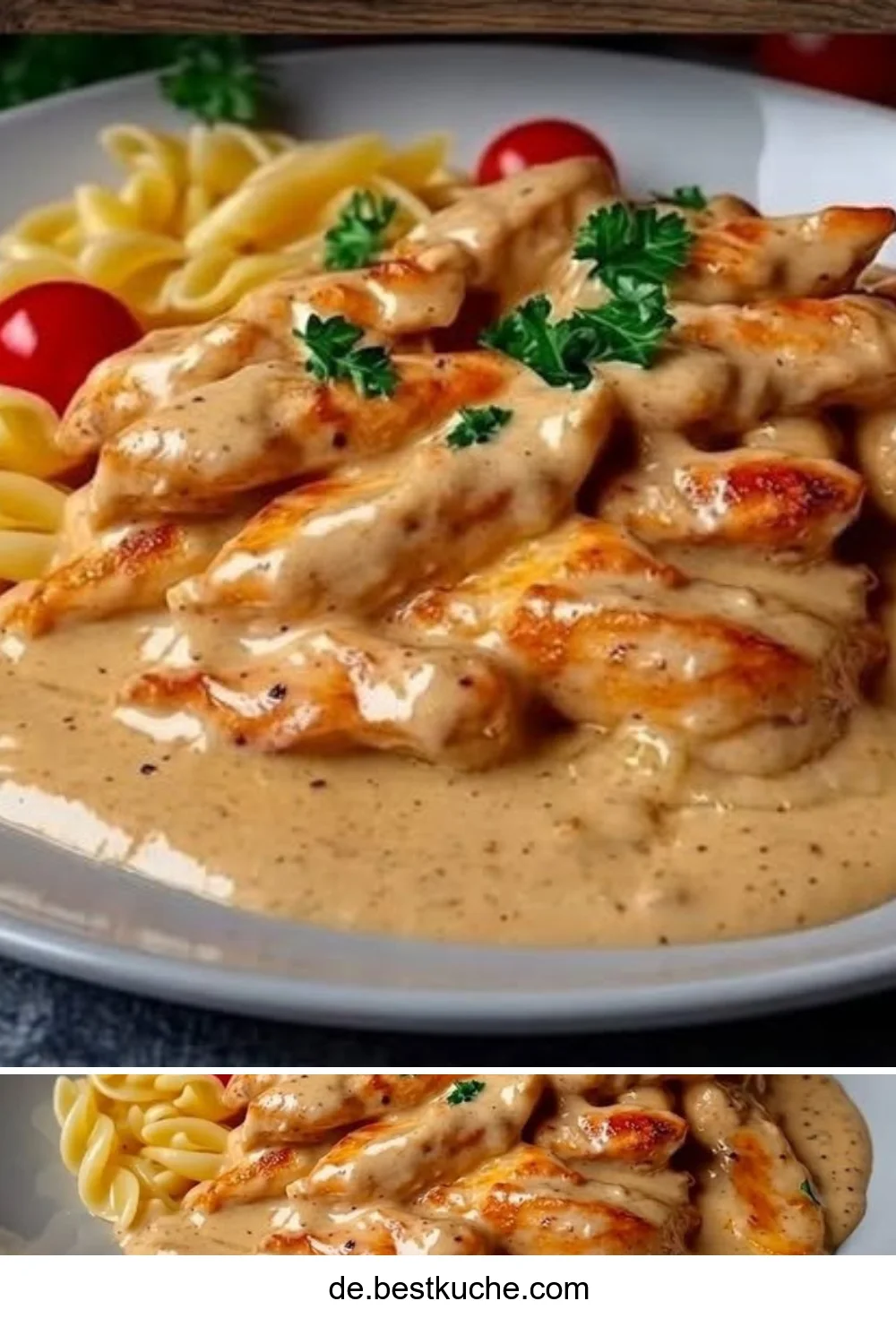 Hähnchenstreifen mit Nudeln in Sahnesauce