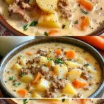 Schüssel mit köstlicher Hamburger Suppe, serviert mit frischem Brot
