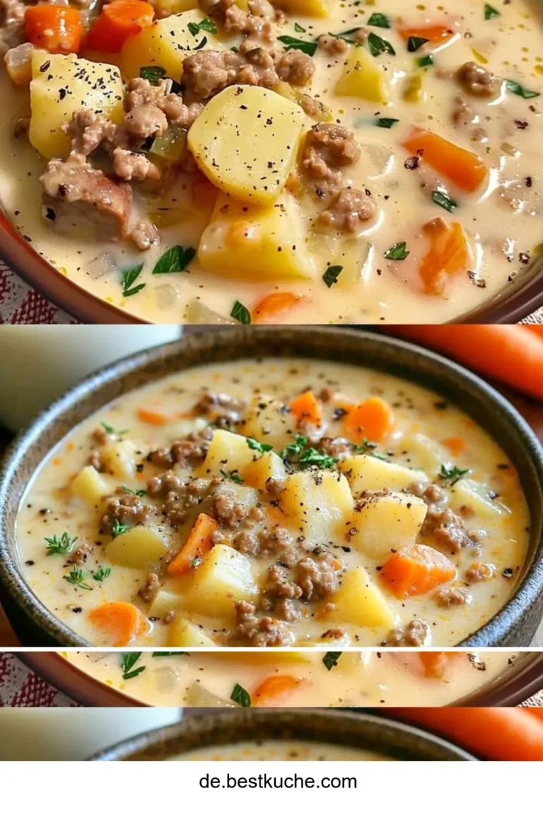 Schüssel mit köstlicher Hamburger Suppe, serviert mit frischem Brot