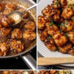 Honig-Knoblauch-Hähnchen mit cremigen Spaghetti auf einem Teller serviert.