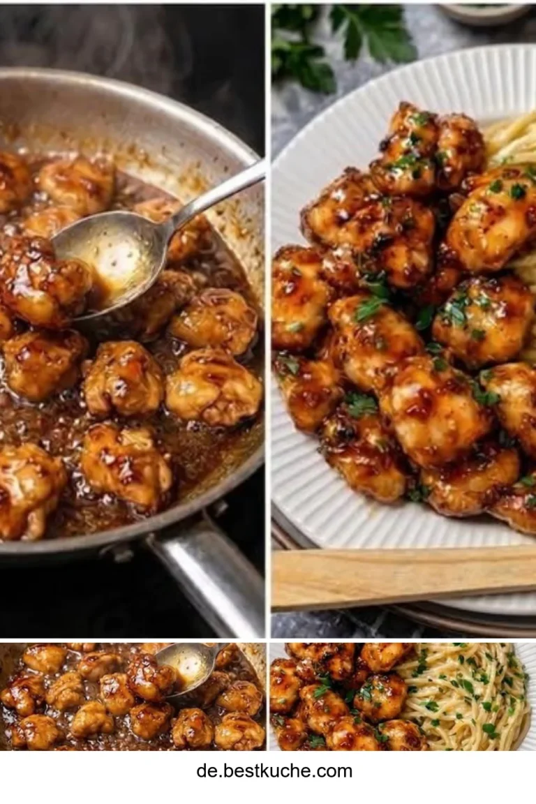 Honig-Knoblauch-Hähnchen mit cremigen Spaghetti auf einem Teller serviert.