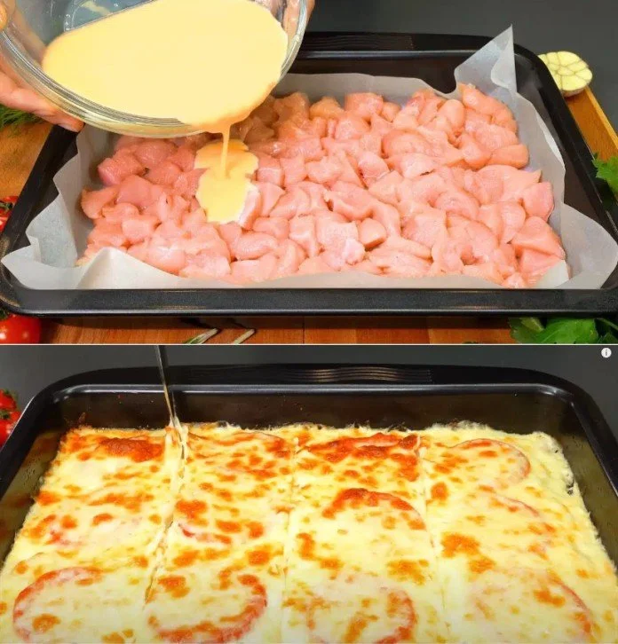 Zartes Hühnerfilet auf einem Teller mit frischem Gemüse und Kräutern.