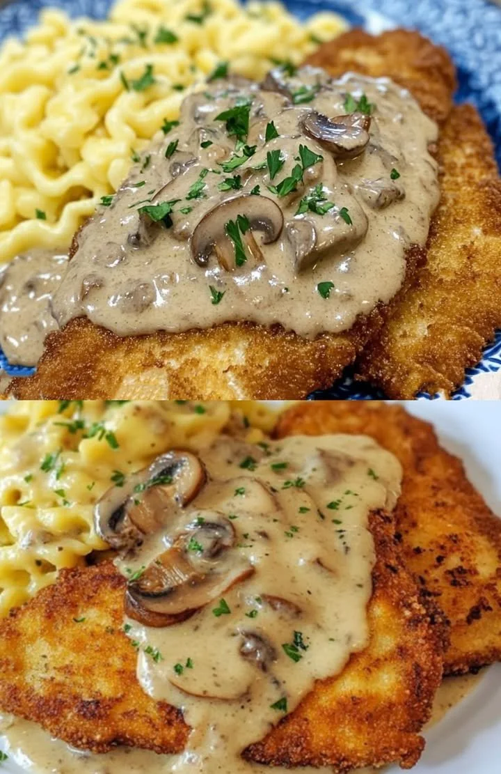 Jägerschnitzel mit Pilzen und Sauce auf einem Teller