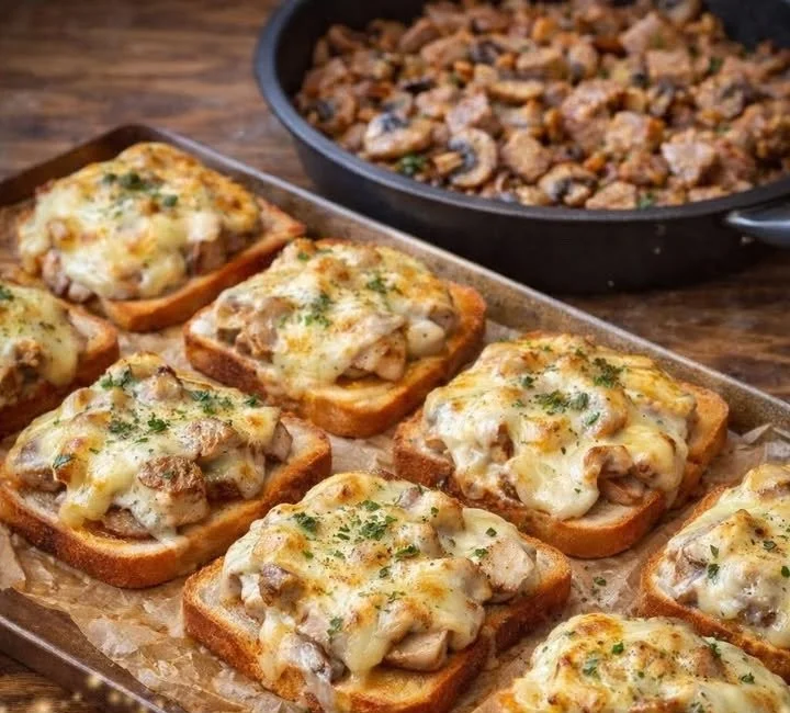Jägertoast mit Käse überbacken auf einem Teller serviert