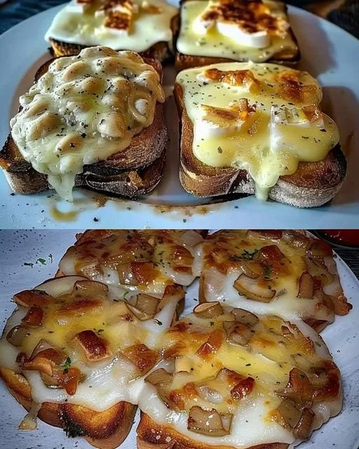 Überbackener Jägertoast mit Käse, serviert auf einem Holzbrett.