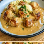 Saftige Fleischbällchen in cremiger Sauce serviert mit pürierten Kartoffeln
