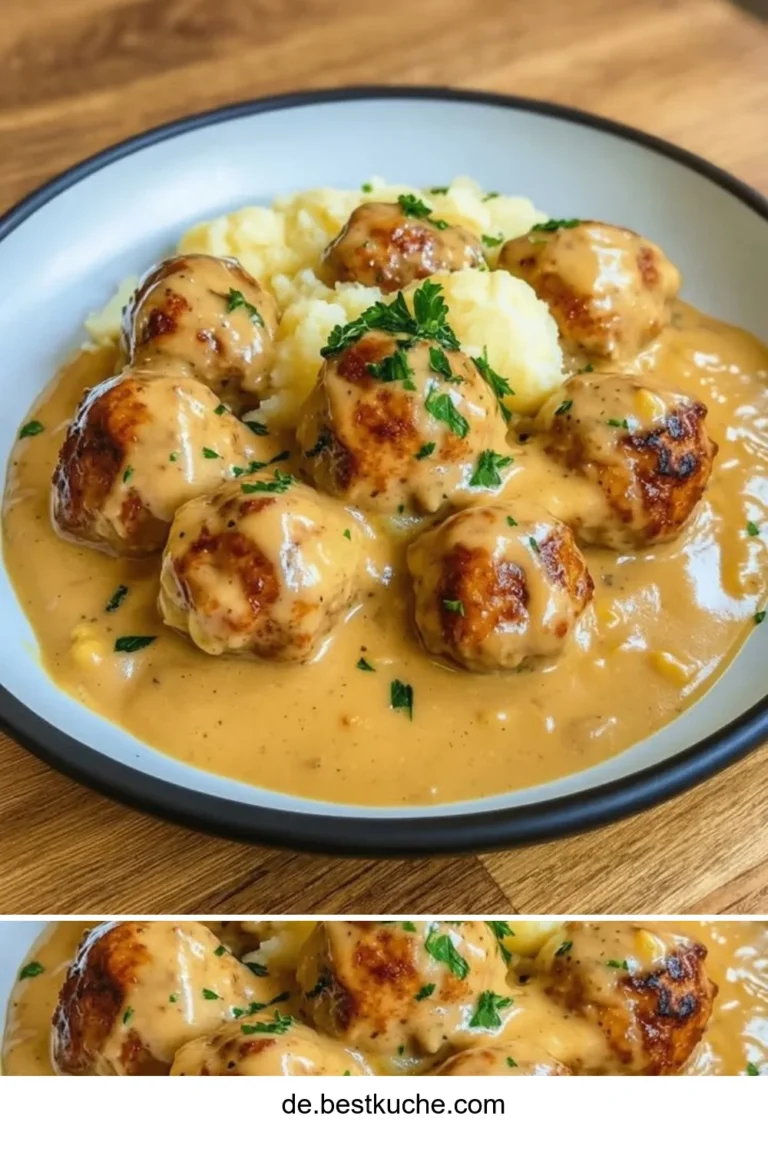 Saftige Fleischbällchen in cremiger Sauce serviert mit pürierten Kartoffeln