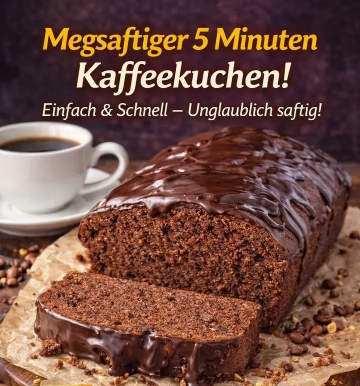 Leckerer Kaffeekuchen mit einem Stück auf einem Teller neben einer Tasse Kaffee