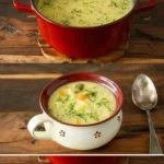 Schüssel mit dampfender Kartoffelsuppe, garniert mit frischen Kräutern.