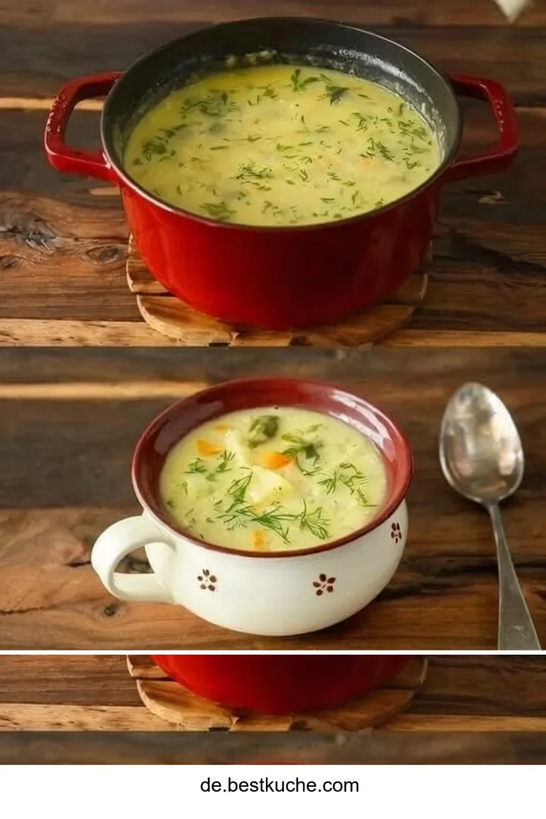 Schüssel mit dampfender Kartoffelsuppe, garniert mit frischen Kräutern.