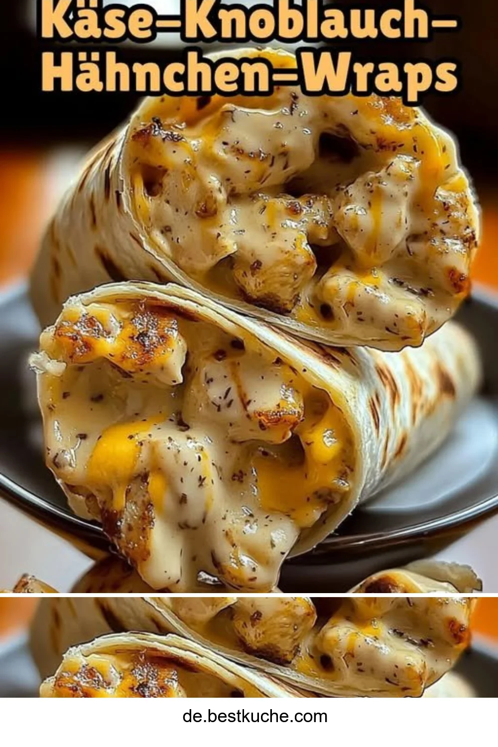 Käse-Knoblauch-Hähnchen-Wraps auf einem Teller serviert