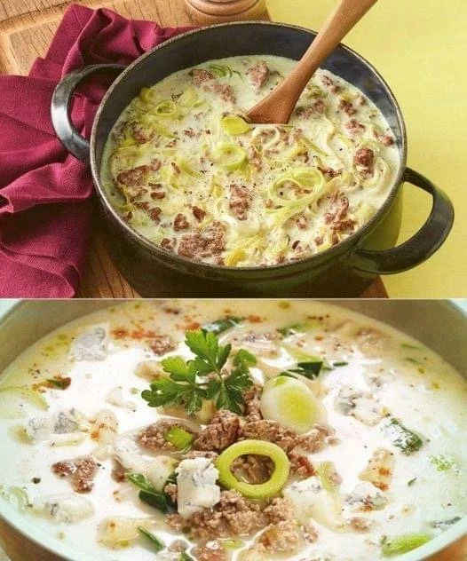 Schüssel mit köstlicher Käse-Lauch-Suppe mit Hackfleisch