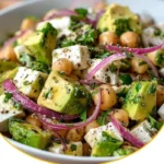 Salat mit Kichererbsen, Feta und Avocado auf einem Teller