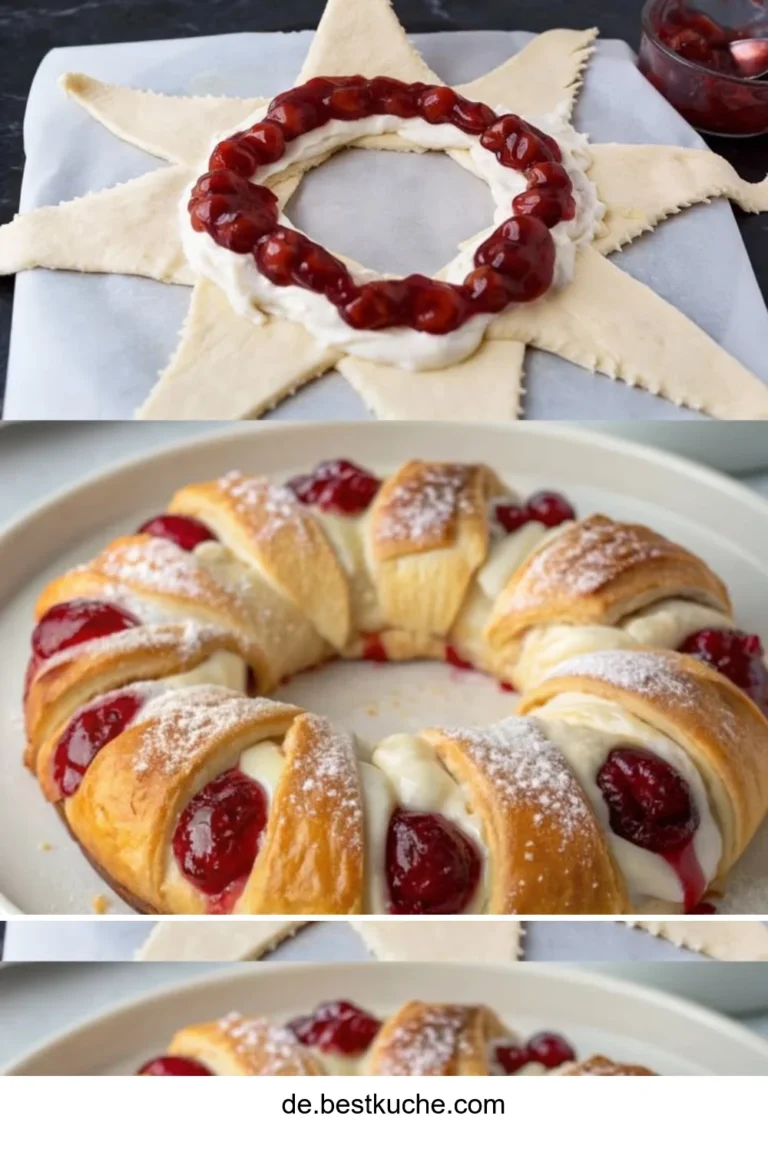 Kirsch-Frischkäse Kranz auf einem Teller dekoriert mit Kirschen.