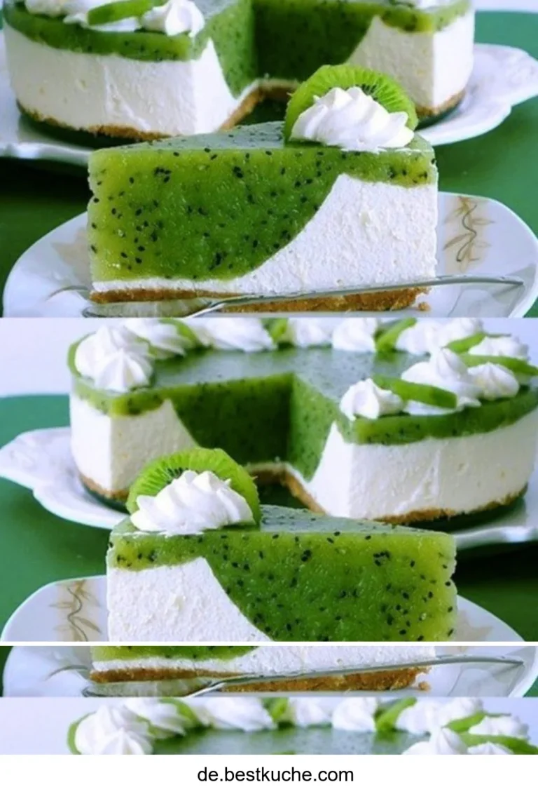 Kiwi Torte mit Frischkäse auf einem Teller dekoriert mit frischen Kiwi-Scheiben.