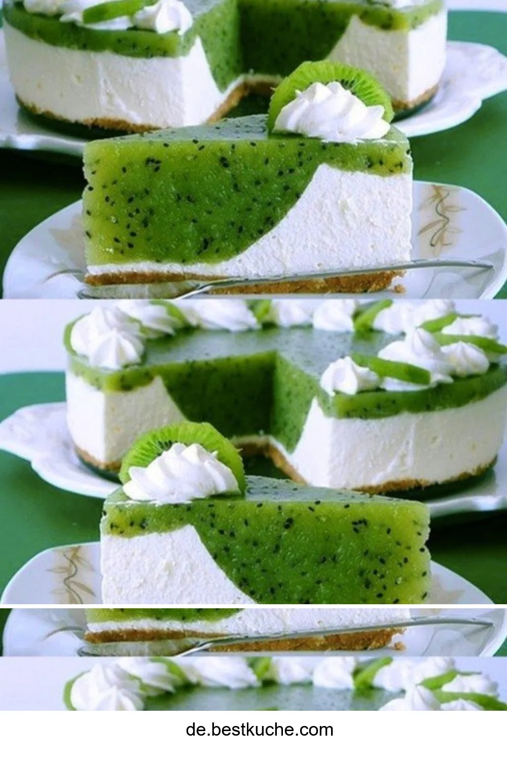 Kiwi Torte mit Frischkäse auf einem Teller dekoriert mit frischen Kiwi-Scheiben.