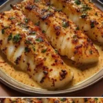 Knoblauchbutter-Kabeljaustreifen mit süß-scharfer Chili-Limetten-Sauce auf einem Teller