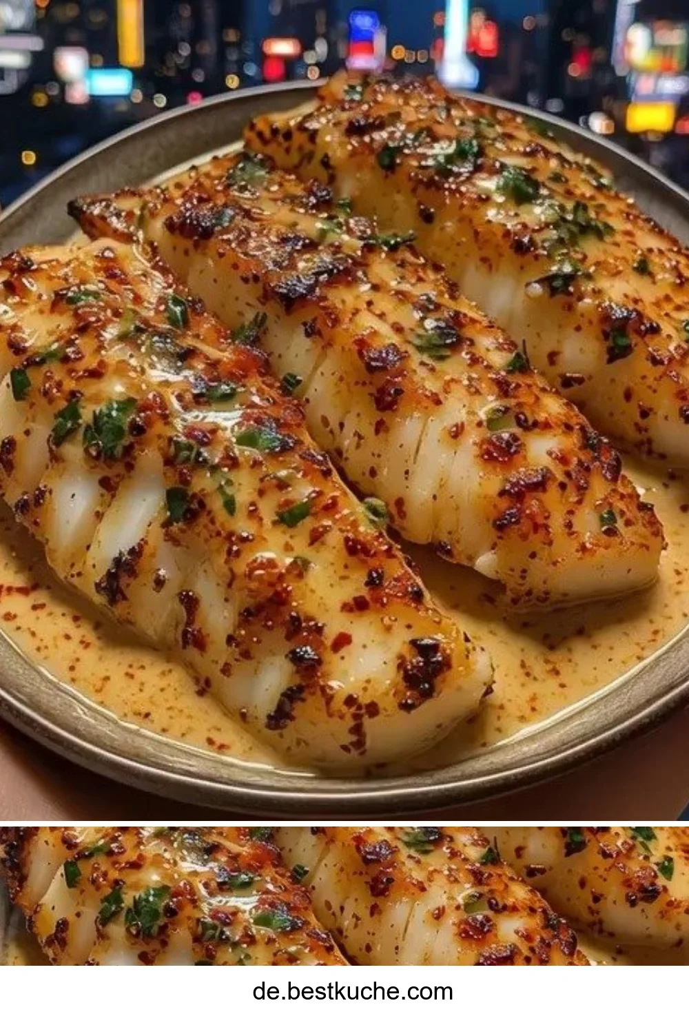 Knoblauchbutter-Kabeljaustreifen mit süß-scharfer Chili-Limetten-Sauce auf einem Teller