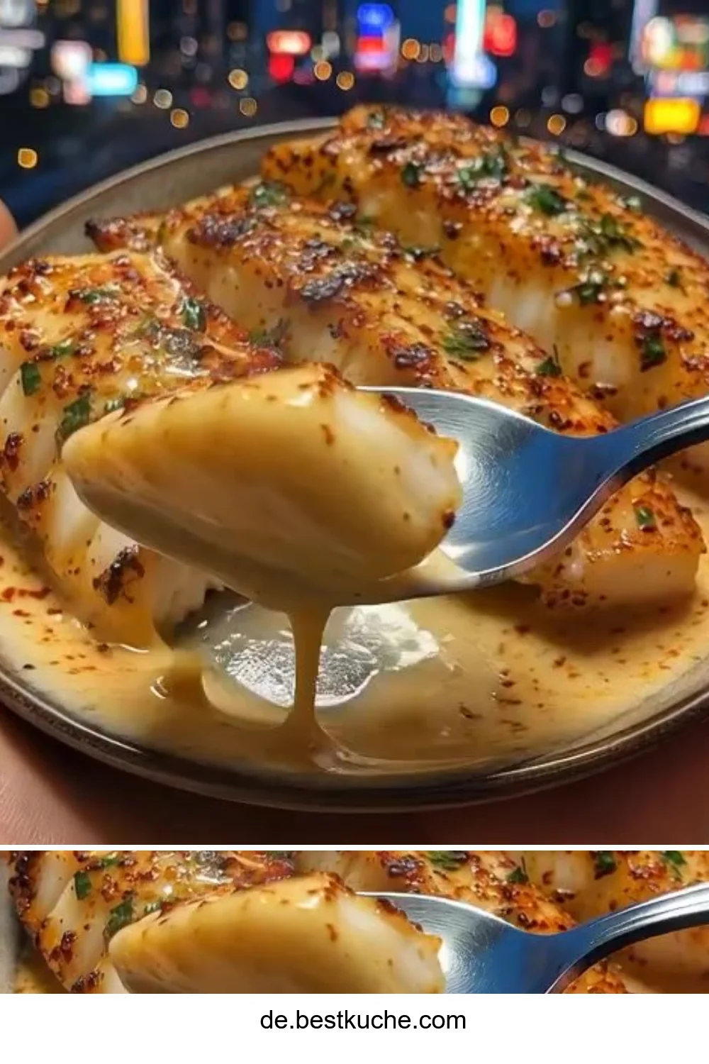 Knoblauchbutter-Kabeljaustreifen mit süß-scharfer Chili-Limetten-Sauce serviert.