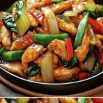 Knusprige chinesische Hähnchenpfanne mit frischem Gemüse und Gewürzen