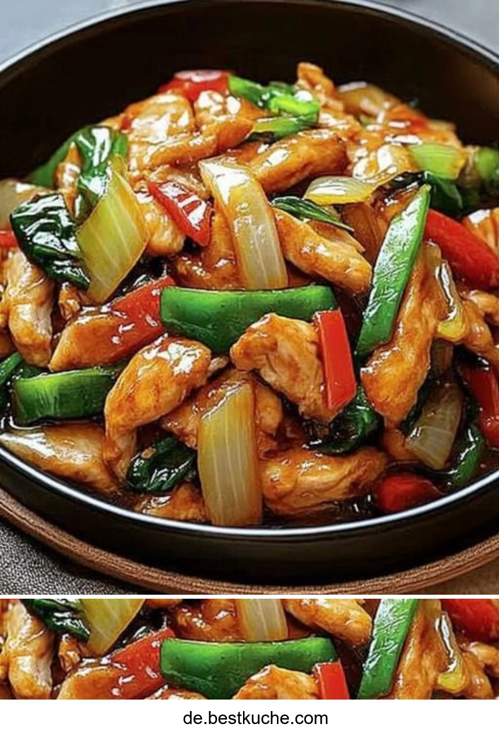 Knusprige chinesische Hähnchenpfanne mit frischem Gemüse und Gewürzen