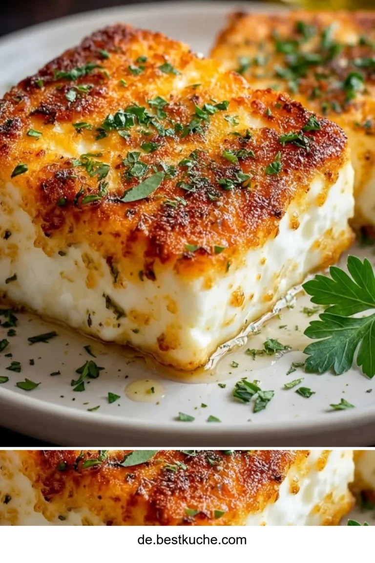 Knuspriger Feta mit Chili-Honig auf einem weißen Teller serviert.