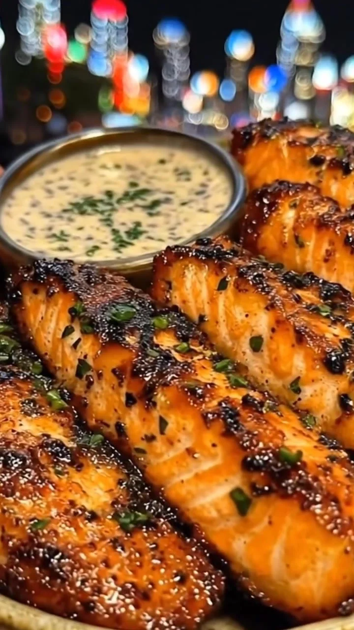 Knuspriger Honig-Knoblauch-Lachs auf einem Teller, bereit zum Servieren.