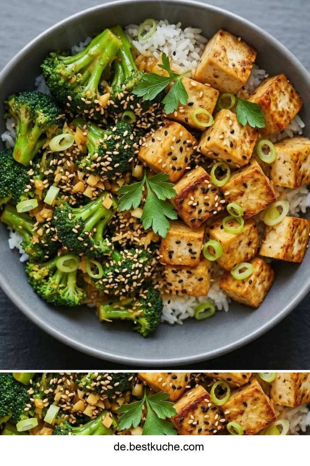Knuspriger Sesam-Tofu mit Brokkoli auf einem Teller serviert