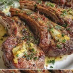 Lammkoteletts mit Knoblauch und Rosmarin auf einem Teller serviert
