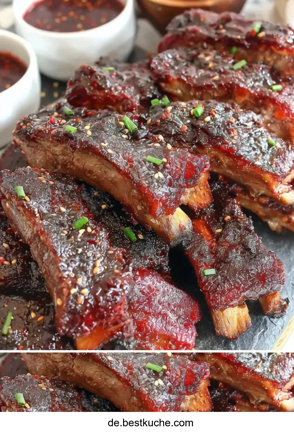 Langsame chinesische Spareribs mit einer würzigen Marinade auf einem Teller